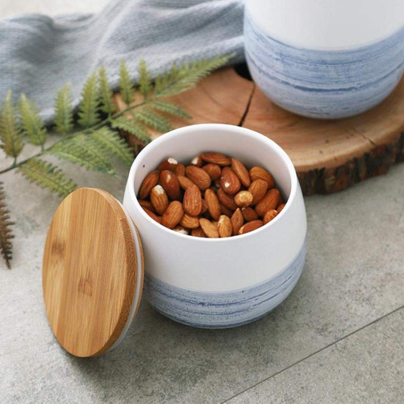 milkyway Food Storage Jar White Ceramic Food storage canister with Airtight Wooden Lid for serving Coffee, Tea, Sugar, Spice and More (700ml) - Image 4